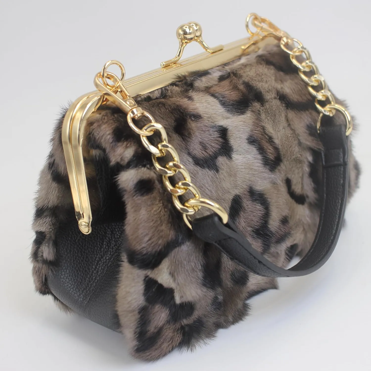 Fosrion Luxurious Leopard-Print Genuine Mink Fur Evening Handbag – Elegant Small Purse for Women with Adjustable Straps