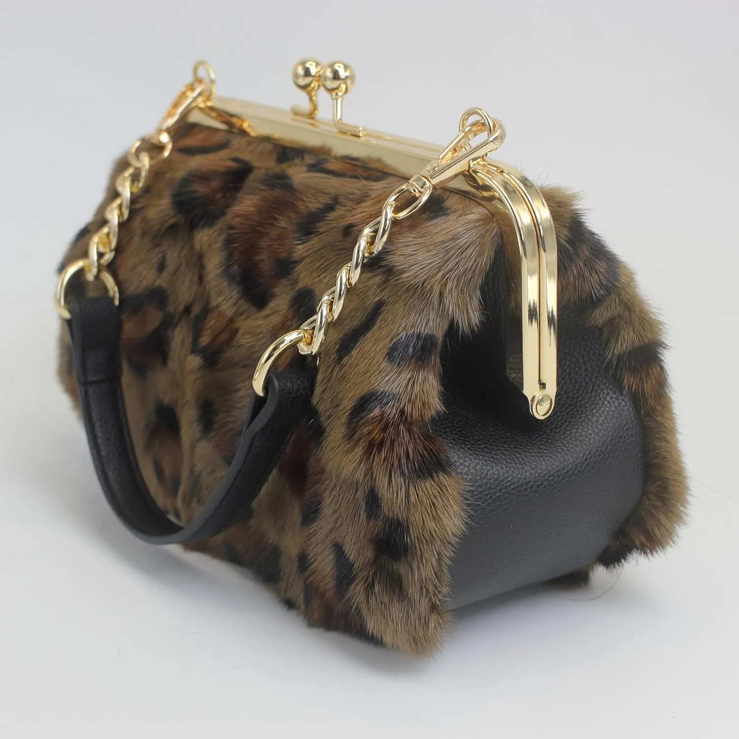 Fosrion Luxurious Leopard-Print Genuine Mink Fur Evening Handbag – Elegant Small Purse for Women with Adjustable Straps