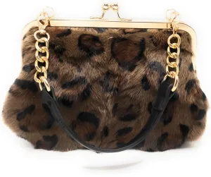 Fosrion Luxurious Leopard-Print Genuine Mink Fur Evening Handbag – Elegant Small Purse for Women with Adjustable Straps