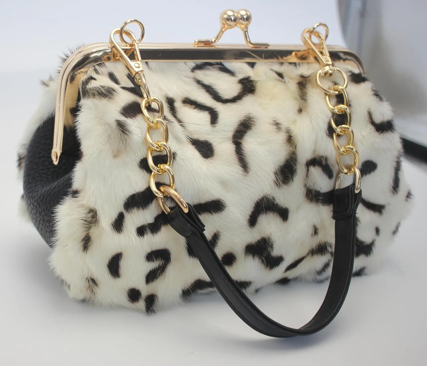 Fosrion Luxurious Leopard-Print Genuine Mink Fur Evening Handbag – Elegant Small Purse for Women with Adjustable Straps