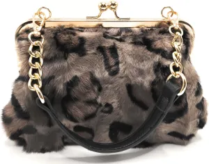Fosrion Luxurious Leopard-Print Genuine Mink Fur Evening Handbag – Elegant Small Purse for Women with Adjustable Straps
