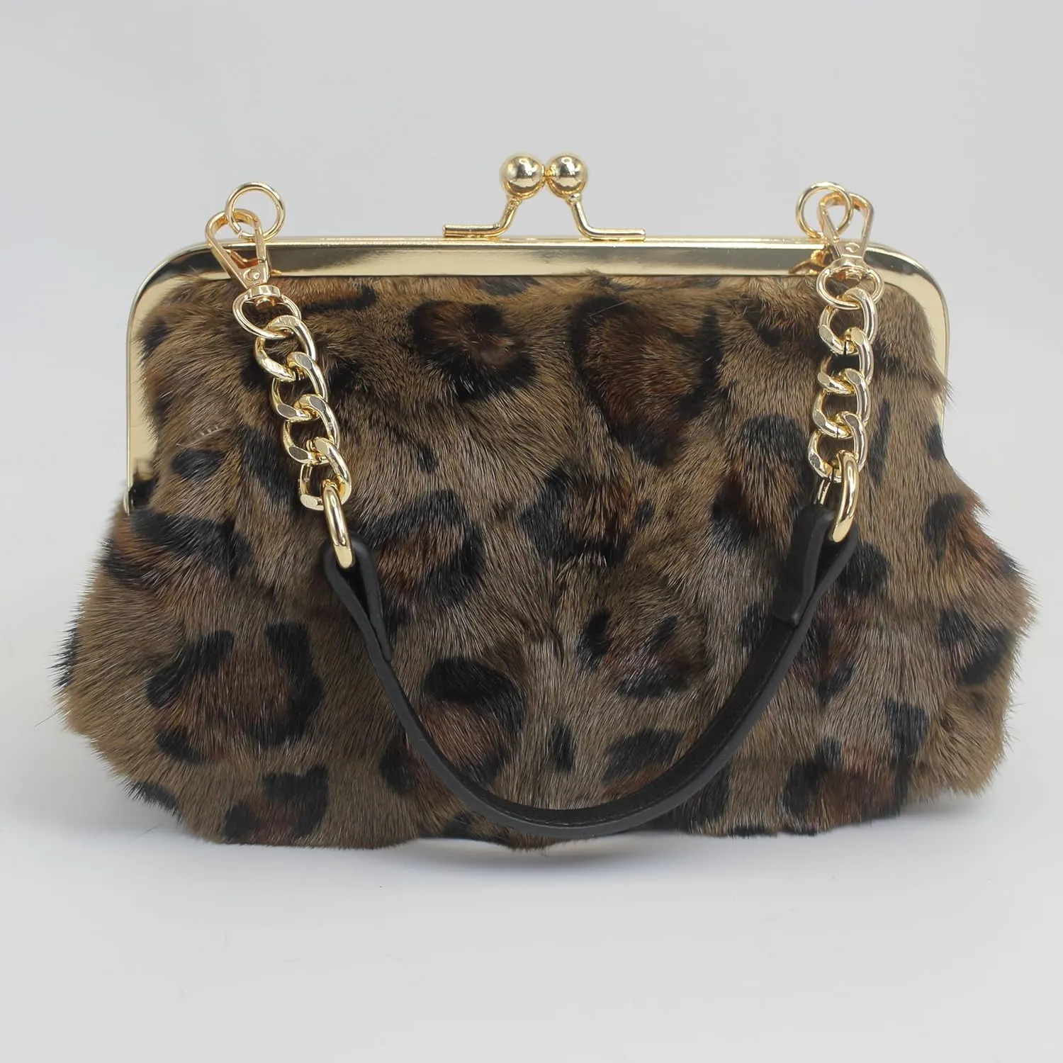 Fosrion Luxurious Leopard-Print Genuine Mink Fur Evening Handbag – Elegant Small Purse for Women with Adjustable Straps