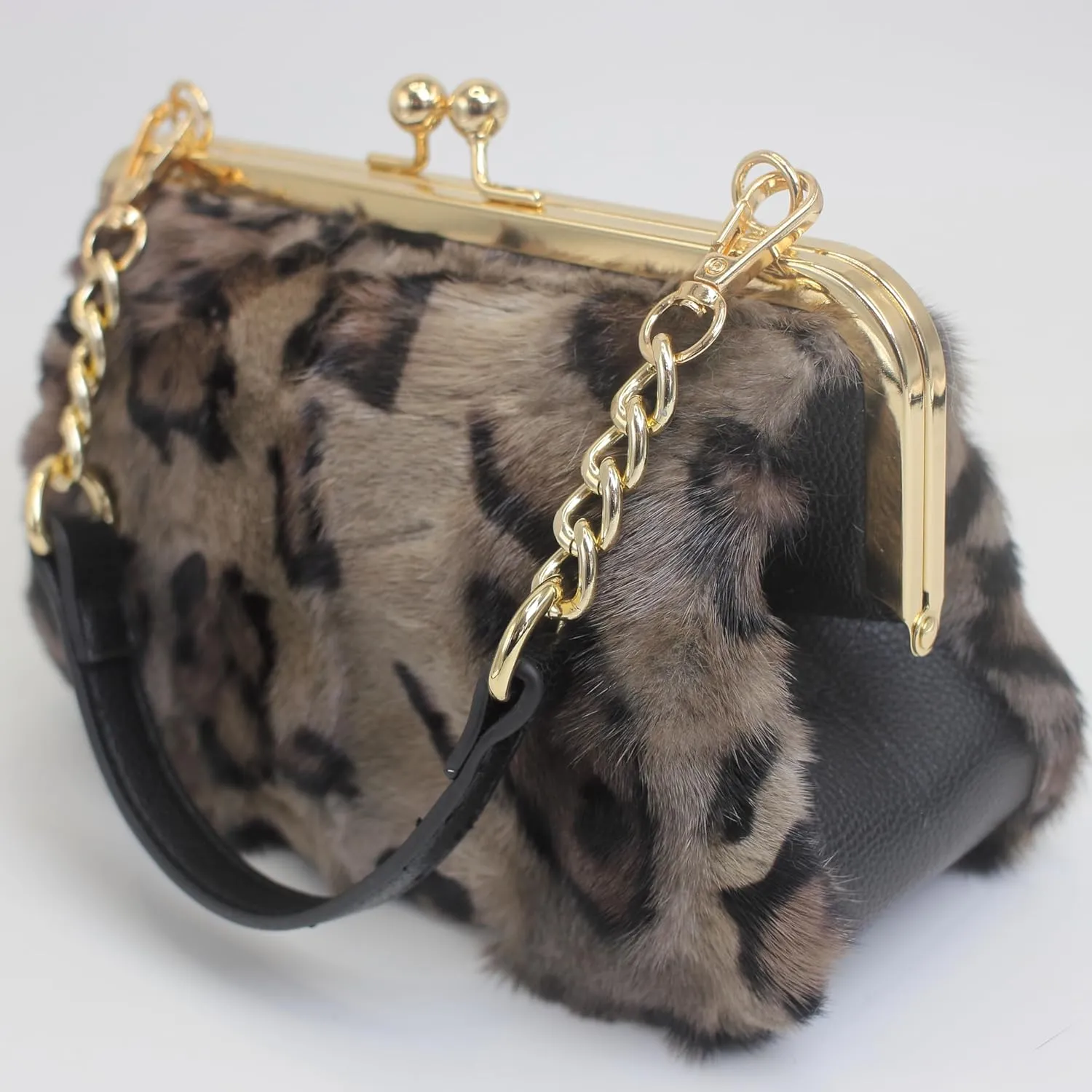 Fosrion Luxurious Leopard-Print Genuine Mink Fur Evening Handbag – Elegant Small Purse for Women with Adjustable Straps