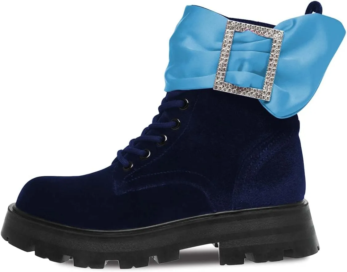 FSJ Women Chic Ankle Boots Flat Low Heel Round Toe Lace Up Velvet Rhinestone Buckle Thick Heel Chukka Booties Fall Winter Casual Banquet Dance Boots Size 4-15 US