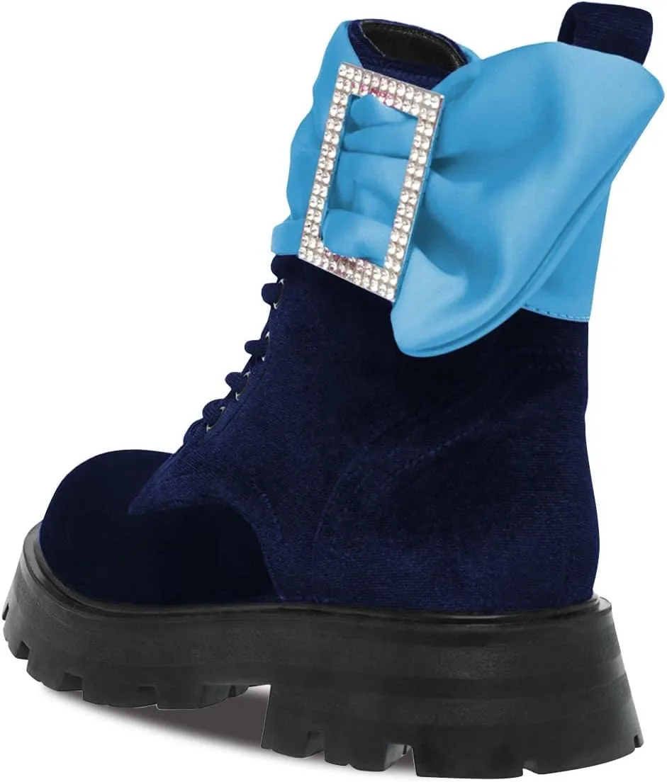 FSJ Women Chic Ankle Boots Flat Low Heel Round Toe Lace Up Velvet Rhinestone Buckle Thick Heel Chukka Booties Fall Winter Casual Banquet Dance Boots Size 4-15 US