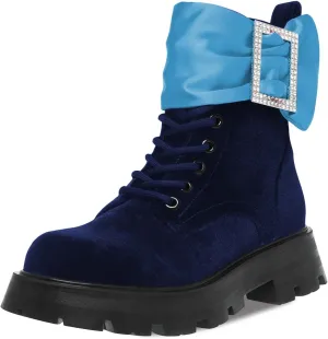 FSJ Women Chic Ankle Boots Flat Low Heel Round Toe Lace Up Velvet Rhinestone Buckle Thick Heel Chukka Booties Fall Winter Casual Banquet Dance Boots Size 4-15 US