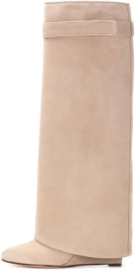 FSJ Women Classic Round Toe Wedge Heel Over The Knee Boots Suede Shoe for Winter Size 4-15 US