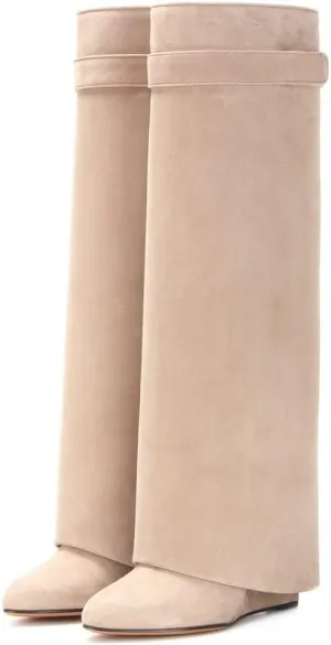 FSJ Women Classic Round Toe Wedge Heel Over The Knee Boots Suede Shoe for Winter Size 4-15 US