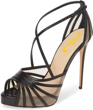 FSJ Women Elegant Peep Toe Crisscross Platform Sandals Ankle Strappy Stiletto High Heel Pumps D'Orsay Wedding Dress Shoes US Size 4-15