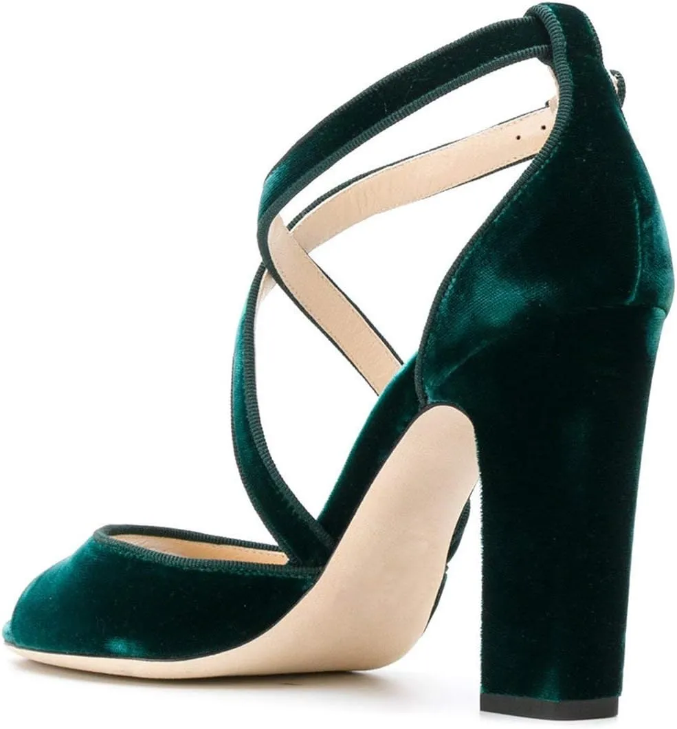 FSJ Women Elegant Peep Toe Sandals Chunky High Heel Pumps Cross Strap Velvet Suede Dress Pumps Size 4-15 US