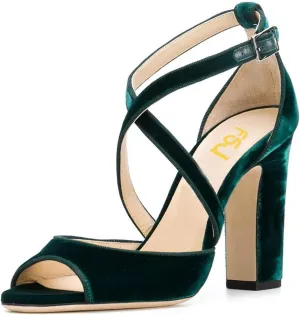 FSJ Women Elegant Peep Toe Sandals Chunky High Heel Pumps Cross Strap Velvet Suede Dress Pumps Size 4-15 US