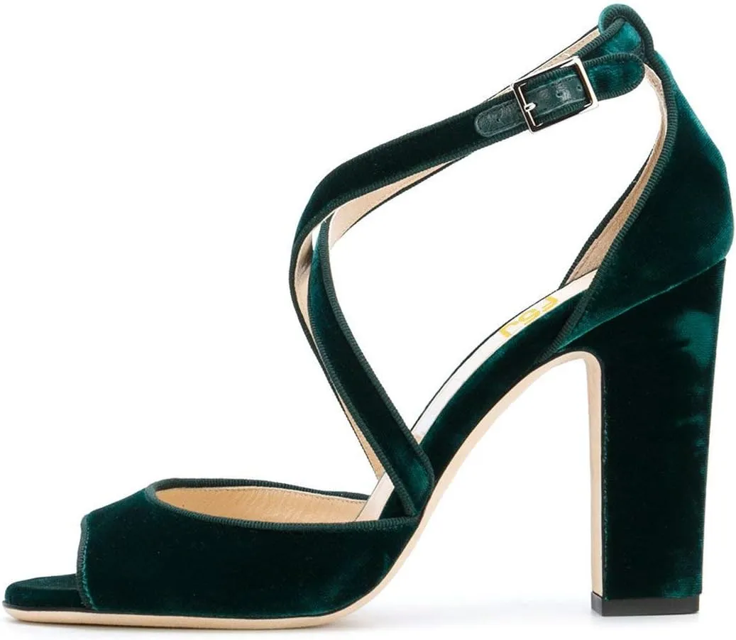 FSJ Women Elegant Peep Toe Sandals Chunky High Heel Pumps Cross Strap Velvet Suede Dress Pumps Size 4-15 US