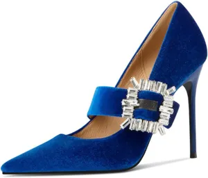 FSJ Women Graceful Pointed Toe High Heel Pumps Velvet Slip On Shining Rhinestones Stiletto Bridal Wedding Banquet Shoes Size 4-15 US