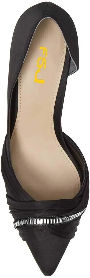 FSJ Women Low Kitten Heels Pointed Toe Slip on Pumps D'Orsay Pleated Satin Evening Party Dress Office Shoes Size 4-15 US