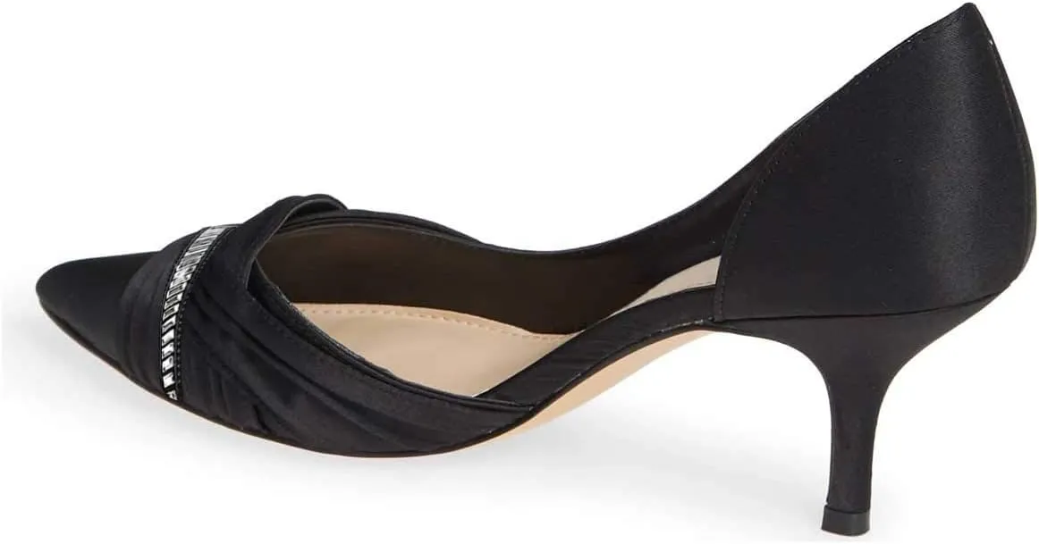 FSJ Women Low Kitten Heels Pointed Toe Slip on Pumps D'Orsay Pleated Satin Evening Party Dress Office Shoes Size 4-15 US