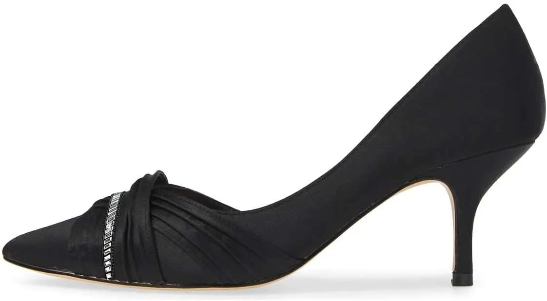FSJ Women Low Kitten Heels Pointed Toe Slip on Pumps D'Orsay Pleated Satin Evening Party Dress Office Shoes Size 4-15 US