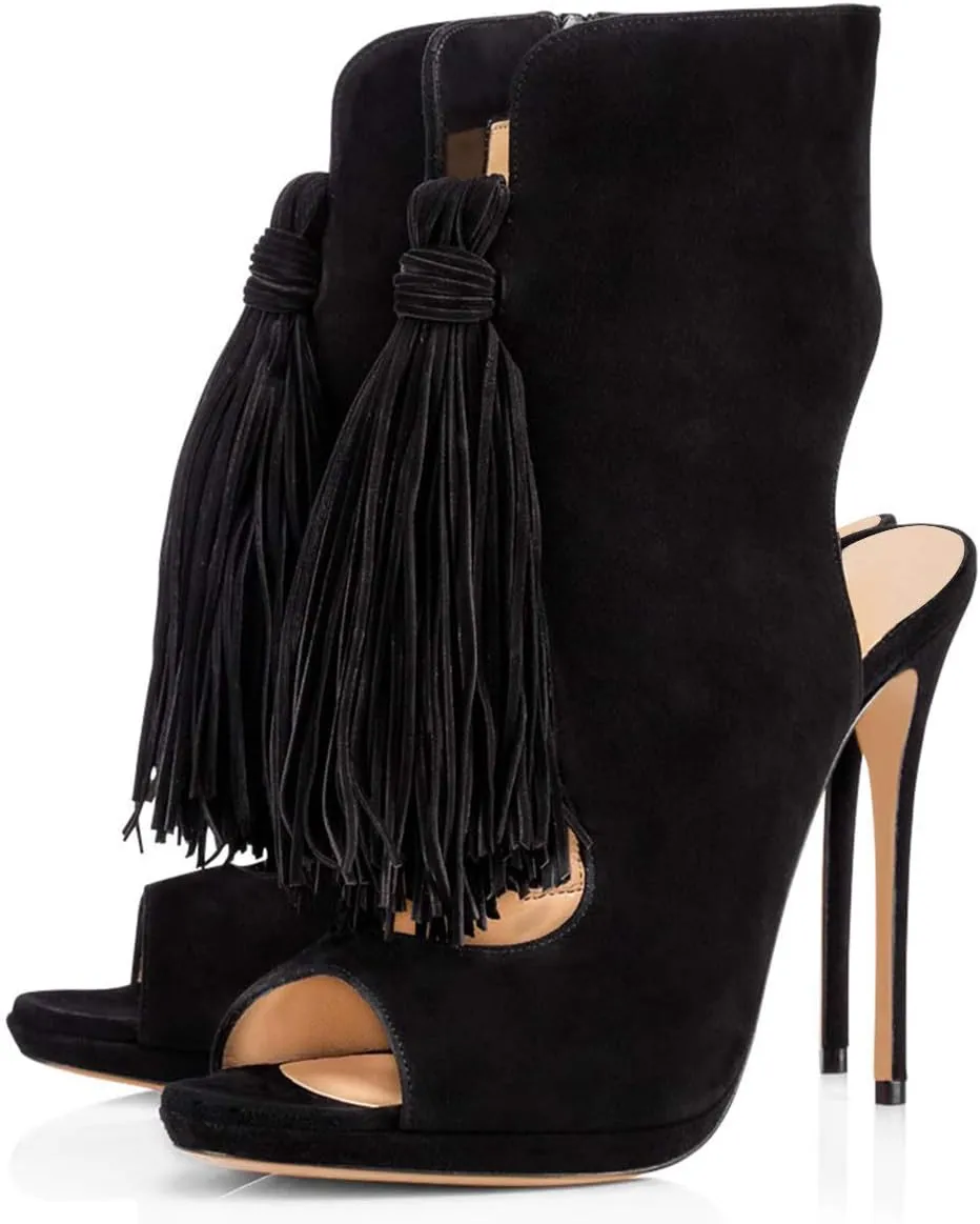 FSJ Women Peep Toe Slingback High Heels Sandals Fringed Ankle Booties Chic Stilettos Tassels Summer Outfits Shoes Size 4-15 US