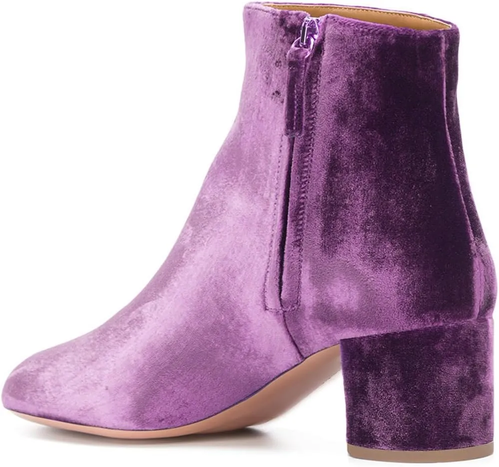 FSJ Women Round Toe Velvet Ankle Boots Block Heel Side Zipper Office Shoes for Comfort Size 4-15 US