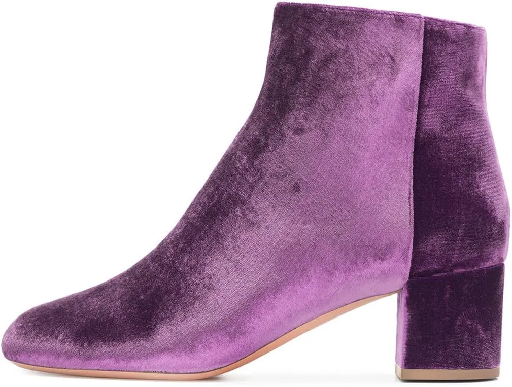 FSJ Women Round Toe Velvet Ankle Boots Block Heel Side Zipper Office Shoes for Comfort Size 4-15 US