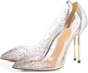 FSJ Women Studded Pointed Toe Transparent Pumps High Heels Shoes with Cute Bowknot US Size 4-15 M