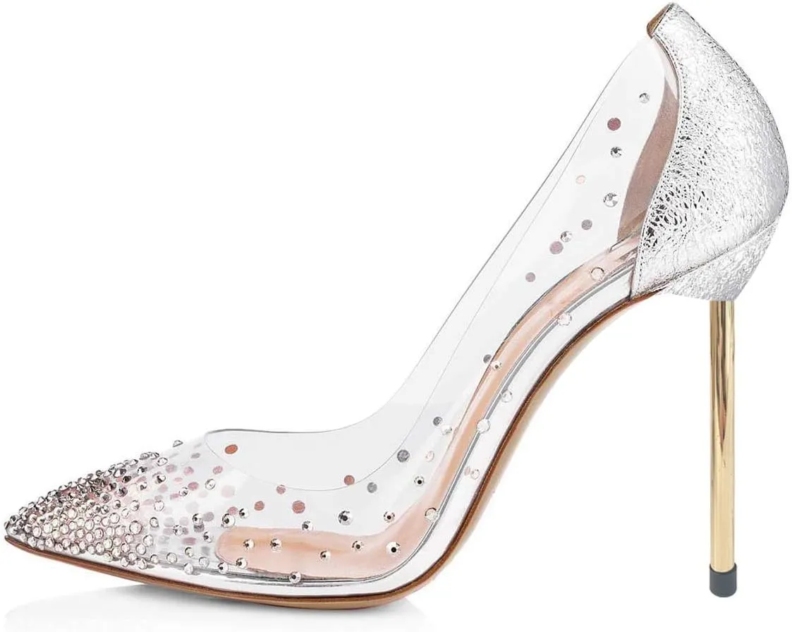 FSJ Women Studded Pointed Toe Transparent Pumps High Heels Shoes with Cute Bowknot US Size 4-15 M