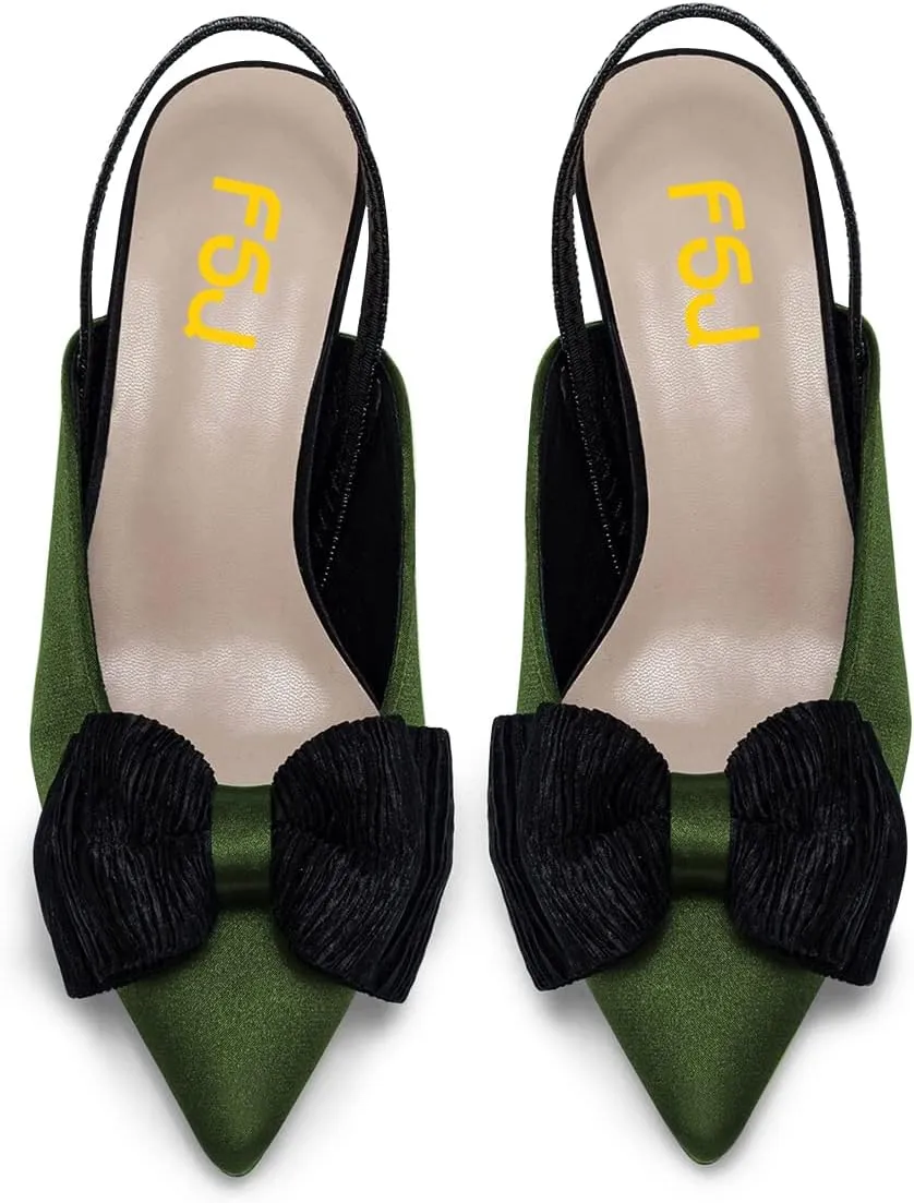 FSJ Women's Cute Low Kitten Heel Slingback Dress Pumps Bowtie Pointed Toe Comfortable Slip On Sandals Wedding Shoes Size 4-15 US