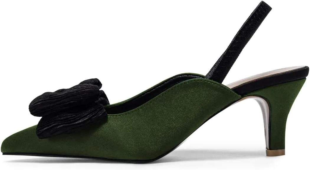 FSJ Women's Cute Low Kitten Heel Slingback Dress Pumps Bowtie Pointed Toe Comfortable Slip On Sandals Wedding Shoes Size 4-15 US