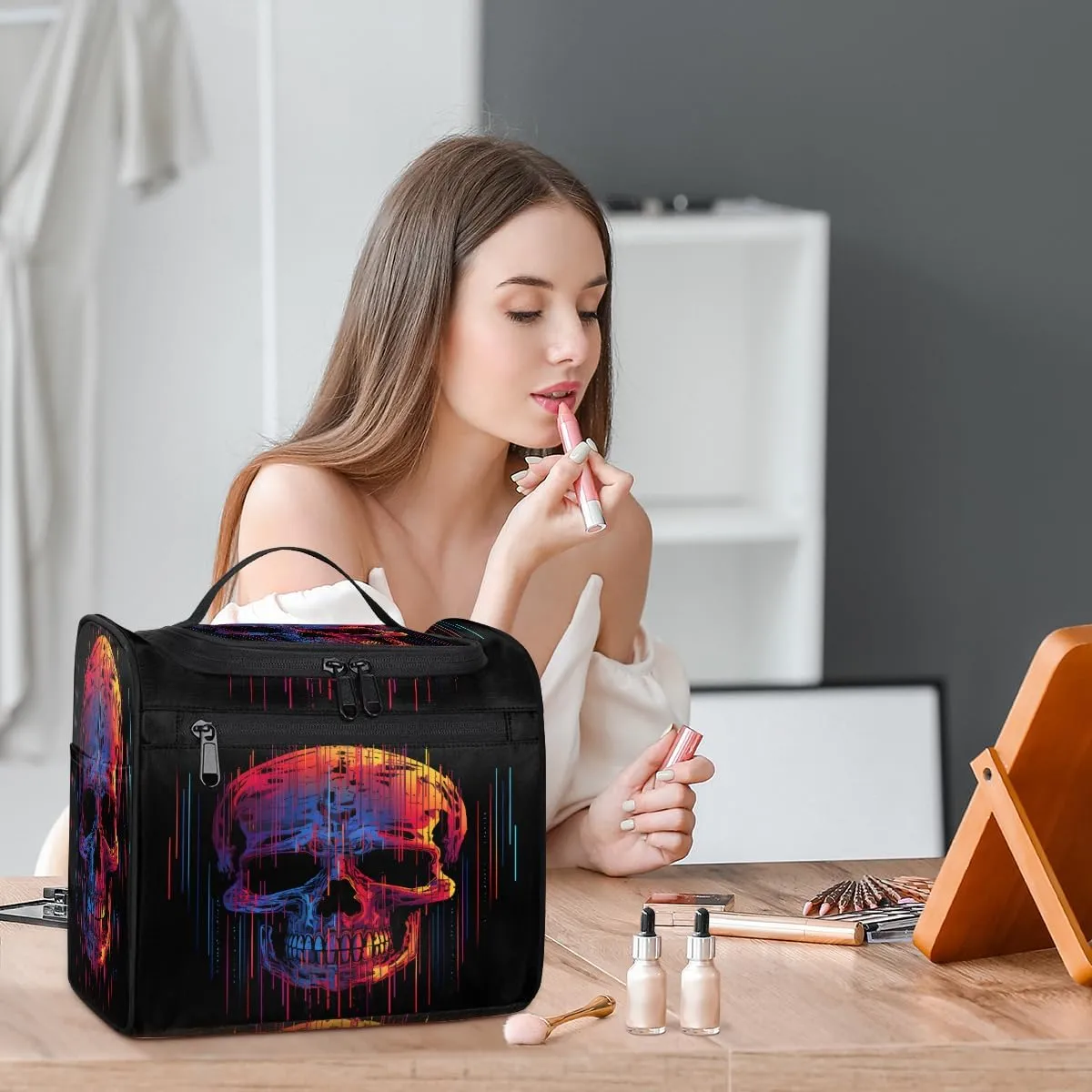 Funny Skull Skeleton Travel Toiletry Bag for Women Large Capacity Wide-open Makeup Organizer Cosmetic Travel Bags for Toiletries
