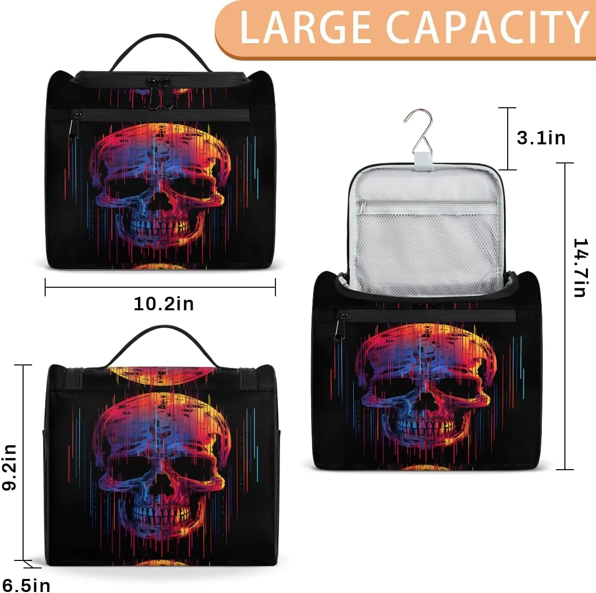 Funny Skull Skeleton Travel Toiletry Bag for Women Large Capacity Wide-open Makeup Organizer Cosmetic Travel Bags for Toiletries