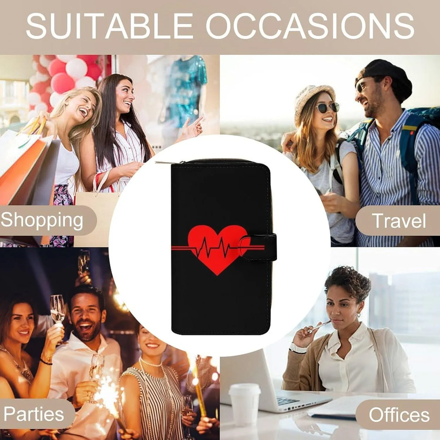 Funny Zippered PU Leather Wallet, Large Capacity Waterproof Wallets for Travel, Party, Women Men Birthday Valentine's Wallet Purse -Nurse Red Love Heart Heartbeat Black