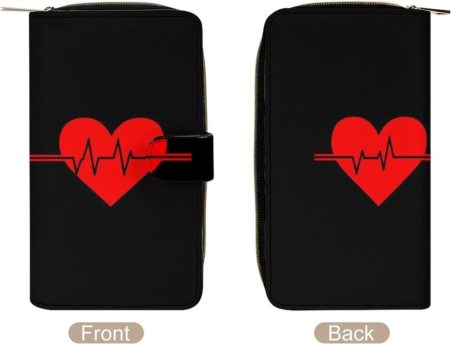 Funny Zippered PU Leather Wallet, Large Capacity Waterproof Wallets for Travel, Party, Women Men Birthday Valentine's Wallet Purse -Nurse Red Love Heart Heartbeat Black