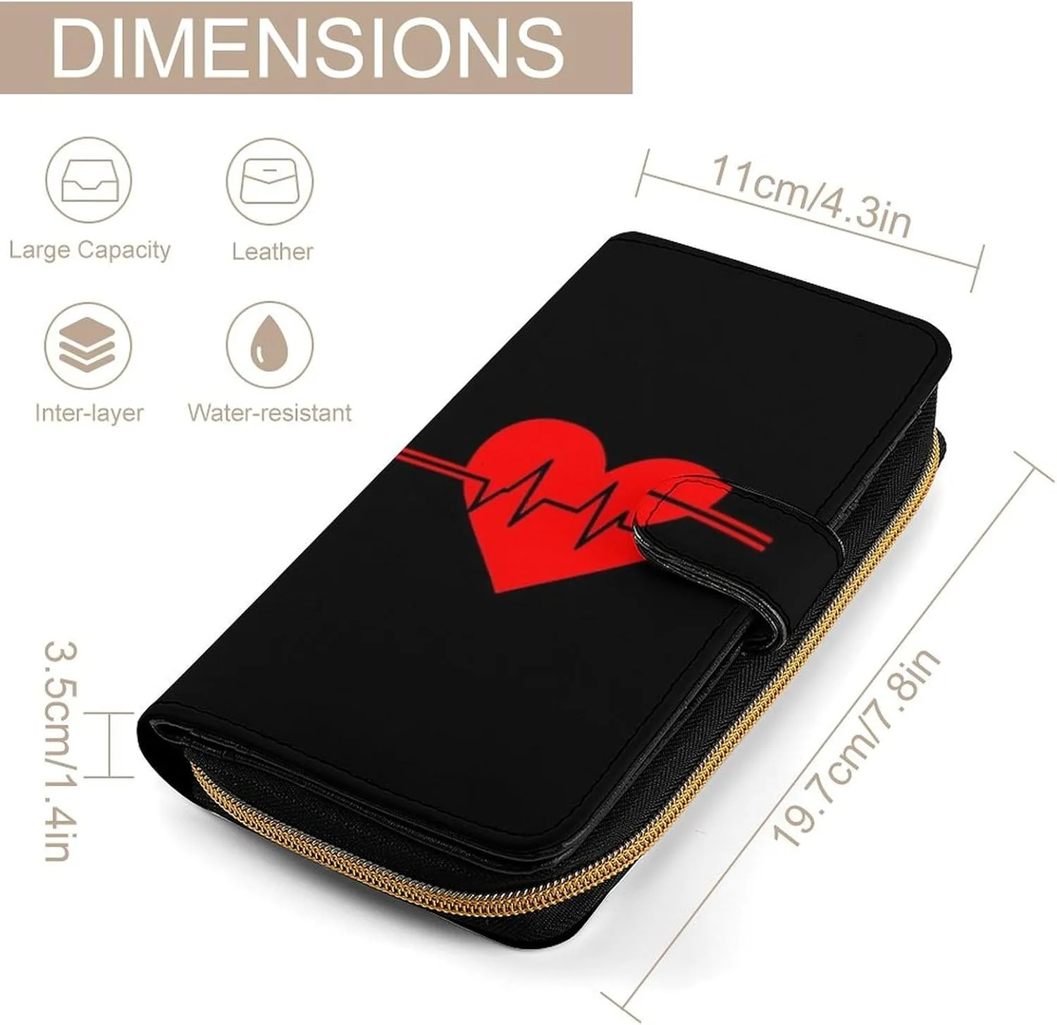 Funny Zippered PU Leather Wallet, Large Capacity Waterproof Wallets for Travel, Party, Women Men Birthday Valentine's Wallet Purse -Nurse Red Love Heart Heartbeat Black