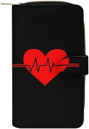 Funny Zippered PU Leather Wallet, Large Capacity Waterproof Wallets for Travel, Party, Women Men Birthday Valentine's Wallet Purse -Nurse Red Love Heart Heartbeat Black