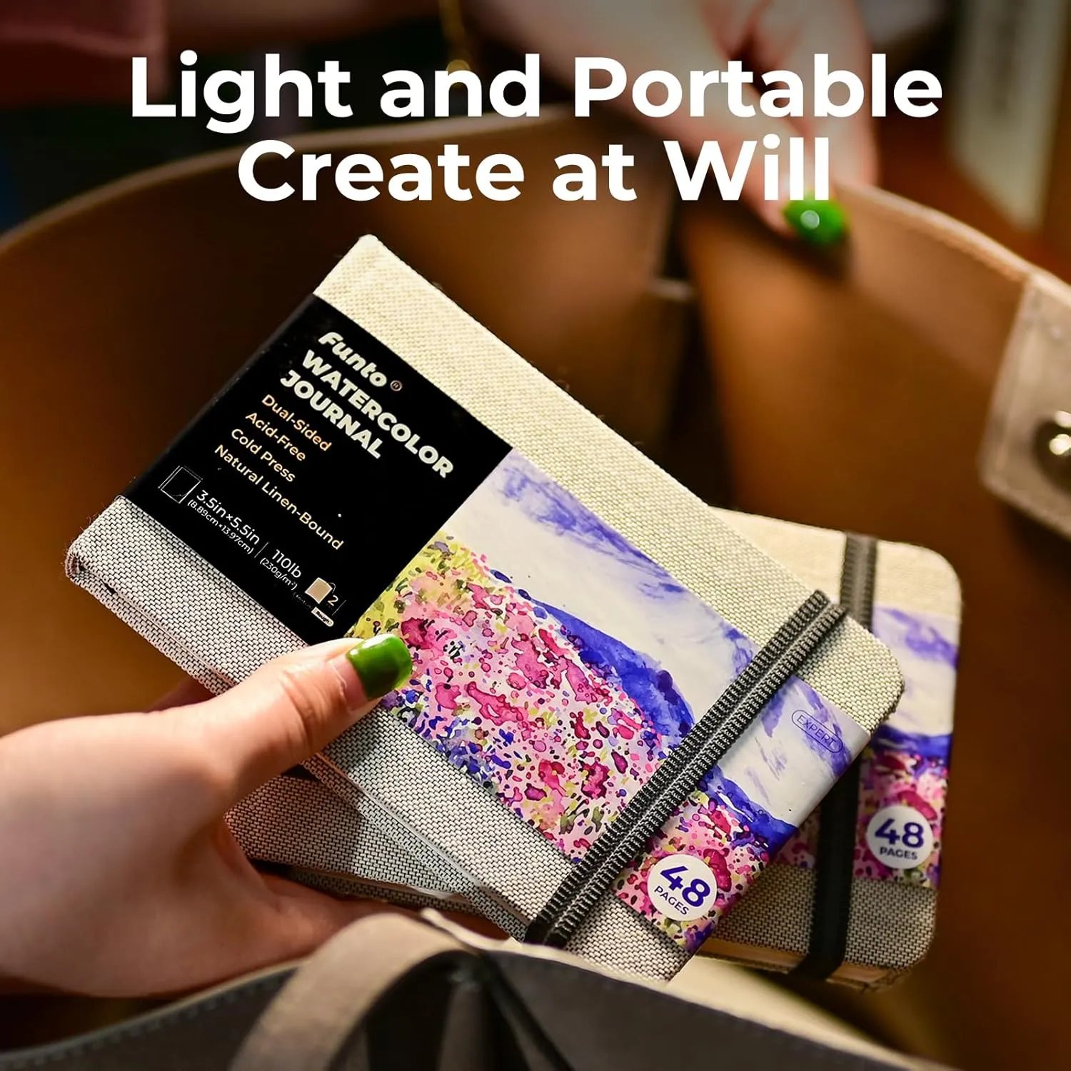Funto Watercolor Journal, 3.5x5.5, 2 Pack, 48 Pages Each, Cold-Pressed with Inner Pocket, 110lb/230gsm, Suitable for Techniques and Mixed Media