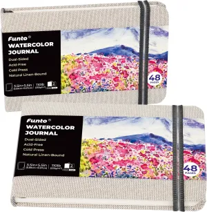 Funto Watercolor Journal, 3.5x5.5, 2 Pack, 48 Pages Each, Cold-Pressed with Inner Pocket, 110lb/230gsm, Suitable for Techniques and Mixed Media