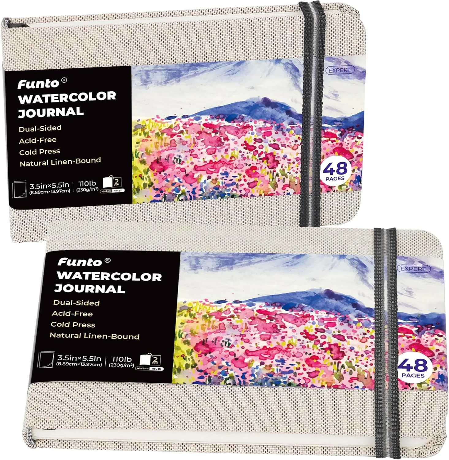 Funto Watercolor Journal, 3.5x5.5, 2 Pack, 48 Pages Each, Cold-Pressed with Inner Pocket, 110lb/230gsm, Suitable for Techniques and Mixed Media