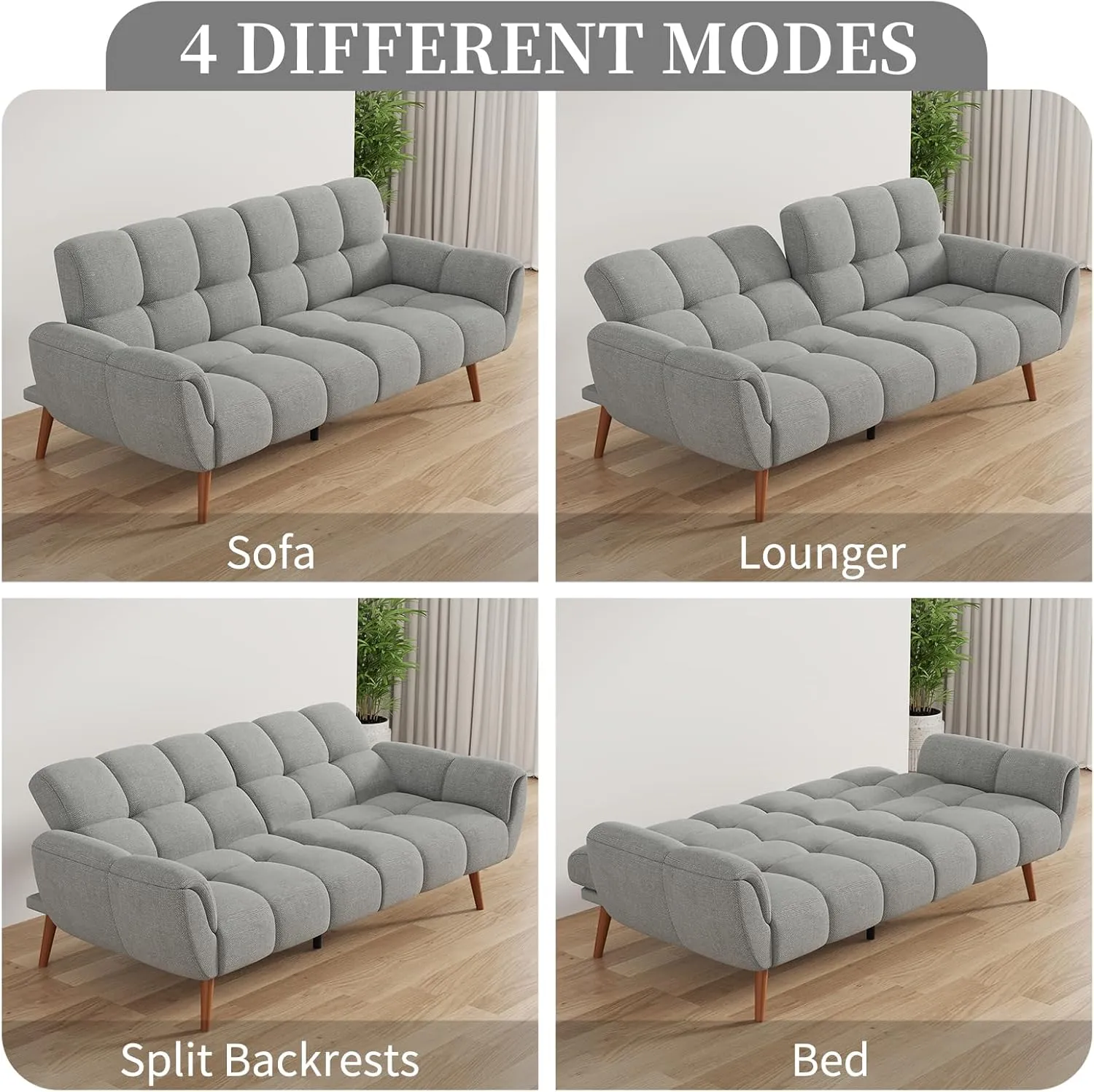 Futon Sofa Bed, Convertible 77" Modern Linen Futon Couch, Comfy Sleeper Sofa with Adjustable Backrests, Couch Bed for Small Spaces, Living Room, Bedroom, Apartment, Gray