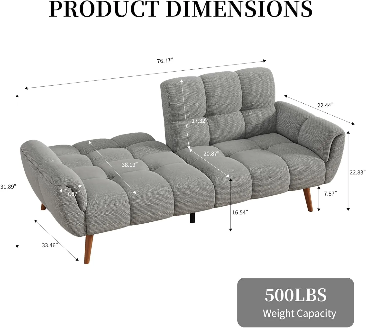 Futon Sofa Bed, Convertible 77" Modern Linen Futon Couch, Comfy Sleeper Sofa with Adjustable Backrests, Couch Bed for Small Spaces, Living Room, Bedroom, Apartment, Gray