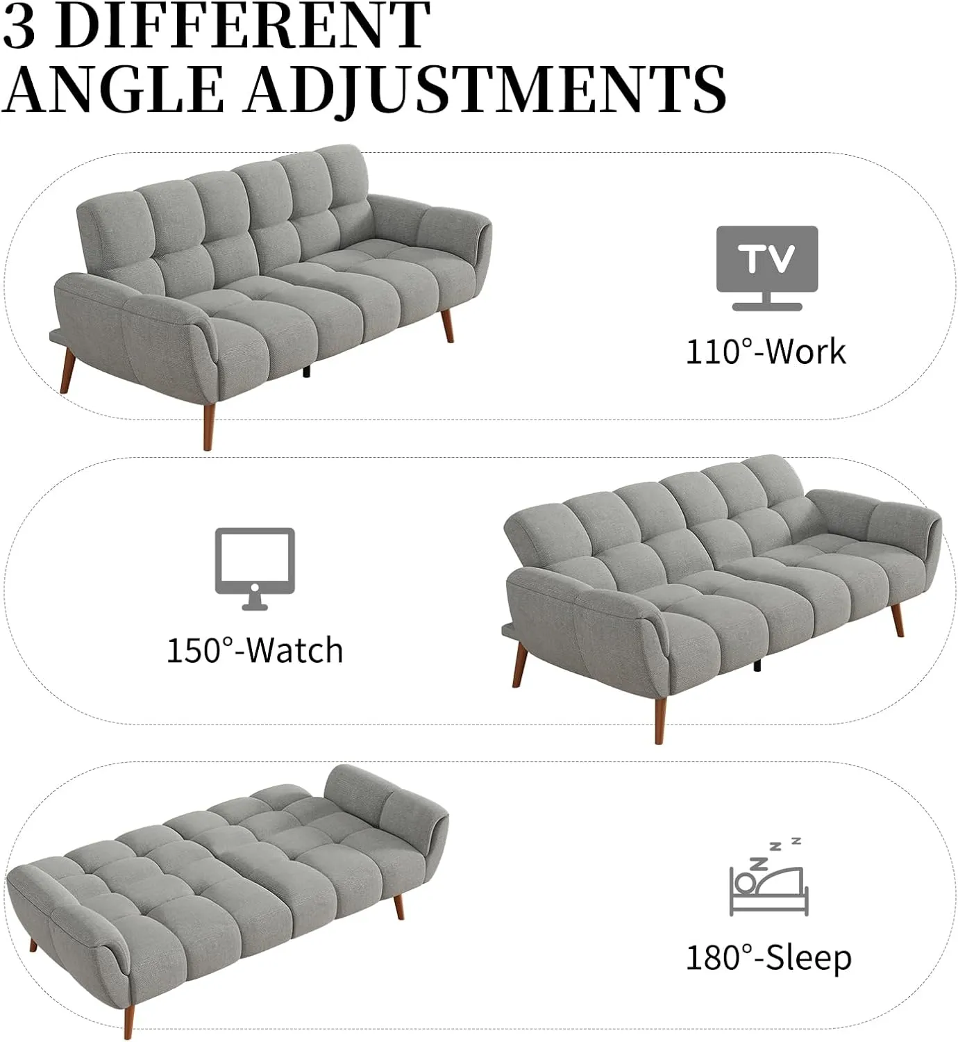 Futon Sofa Bed, Convertible 77" Modern Linen Futon Couch, Comfy Sleeper Sofa with Adjustable Backrests, Couch Bed for Small Spaces, Living Room, Bedroom, Apartment, Gray