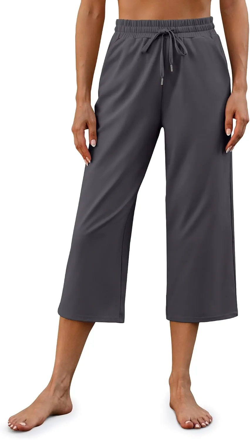 G4Free Wide Leg Pants for Women Yoga Capris with Pockets Drawstring Casual Cropped Pants for Summer