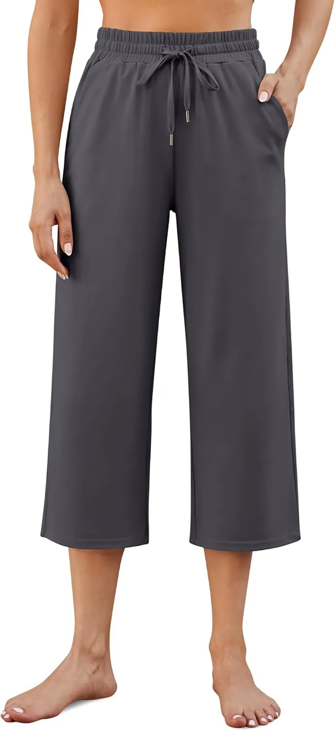 G4Free Wide Leg Pants for Women Yoga Capris with Pockets Drawstring Casual Cropped Pants for Summer