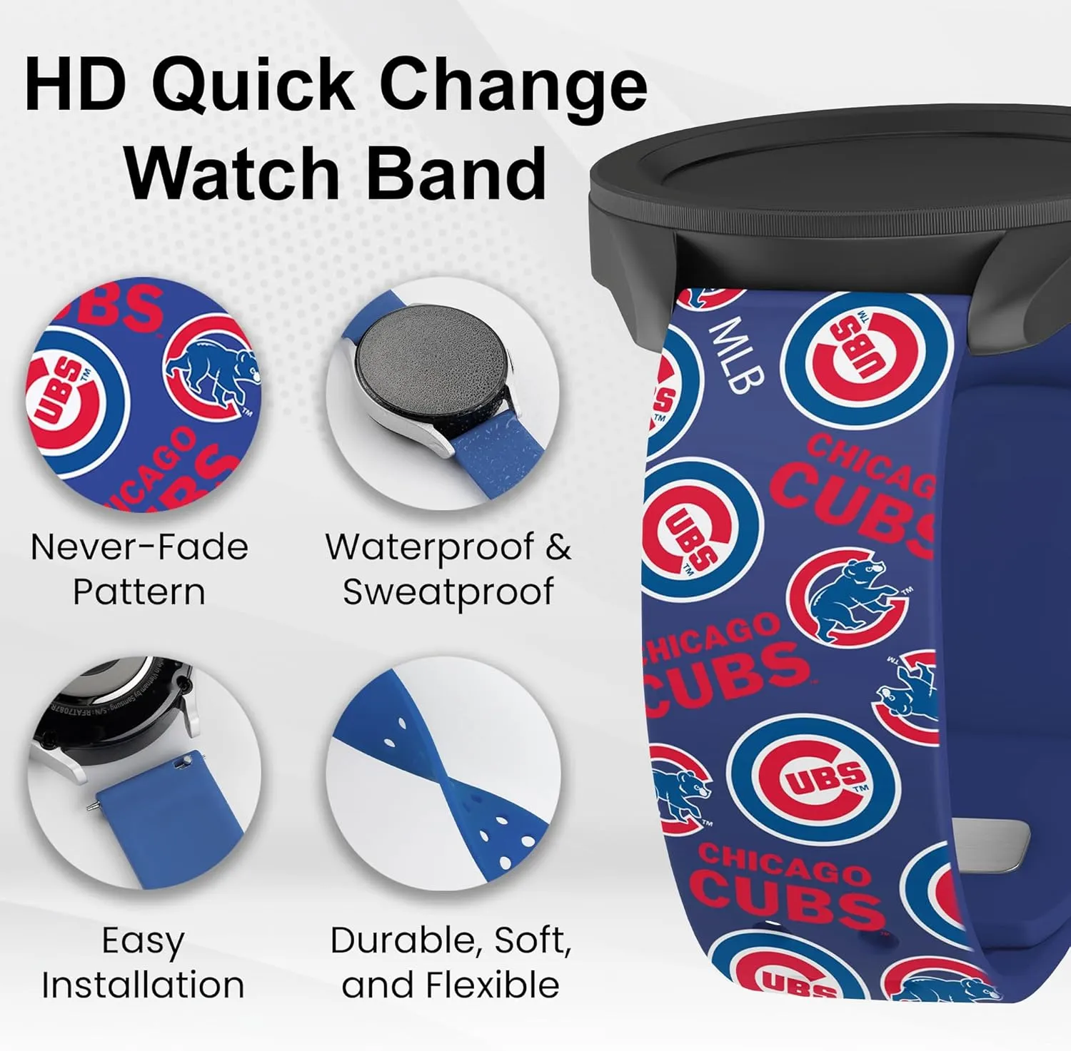 Game Time Chicago Cubs Quick Change HD Watch Band Compatible with Samsung and More