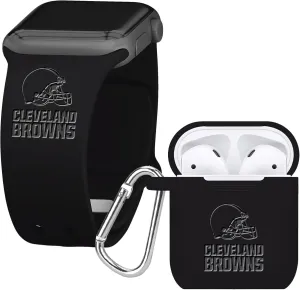 Game Time Cleveland Browns Engraved Silicone Combo Package Compatible with Apple Watch and AirPods Battery Case (42/44mm Black/Black)