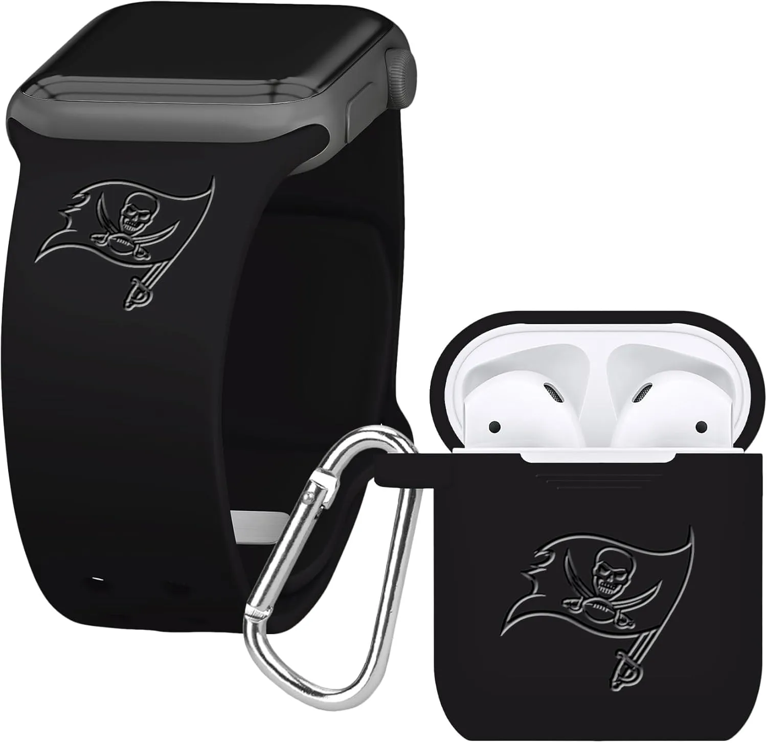 Game Time Tampa Bay Buccaneers Engraved Silicone Combo Package Compatible with Apple Watch and AirPods Battery Case (42/44mm Black/Black)