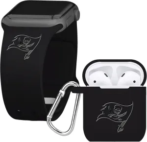 Game Time Tampa Bay Buccaneers Engraved Silicone Combo Package Compatible with Apple Watch and AirPods Battery Case (42/44mm Black/Black)