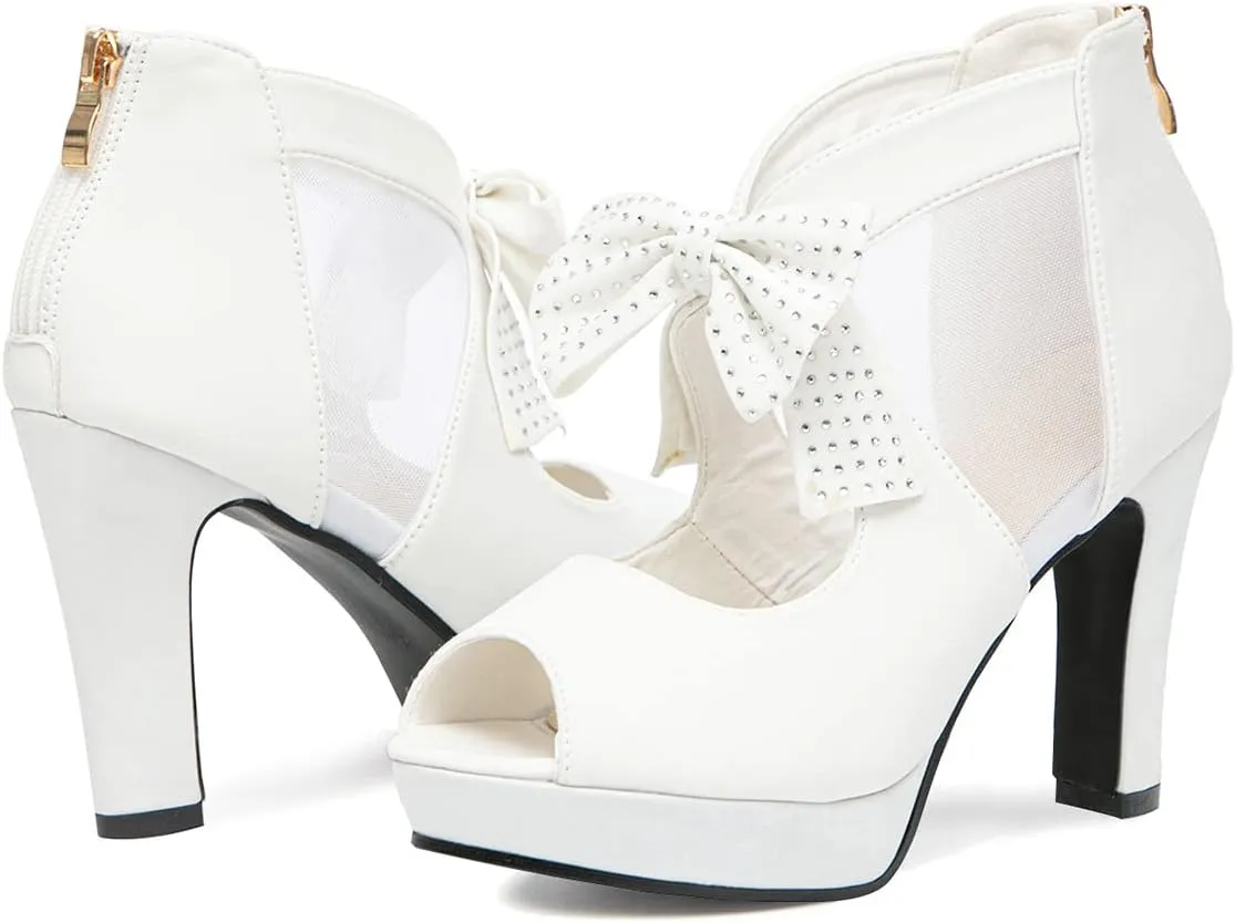 GATUXUS Open Toe Women Platform High Heel Shoes Bows Strappy Sandals