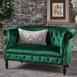 GDFStudio Melaina Tufted Chesterfield Velvet Loveseat with Scrolled Arms, Emerald and Dark Brown.