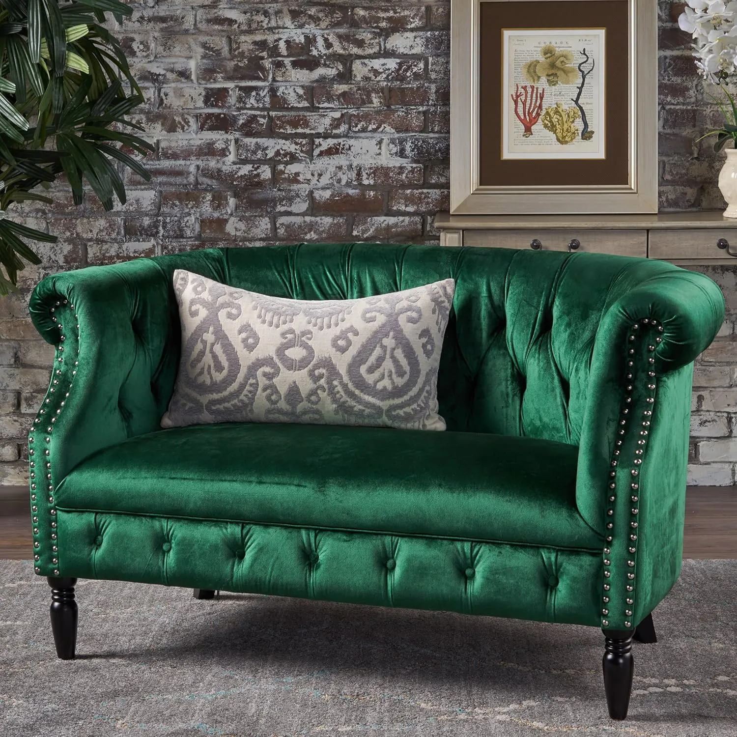 GDFStudio Melaina Tufted Chesterfield Velvet Loveseat with Scrolled Arms, Emerald and Dark Brown.