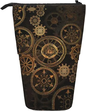 Gears Clock Bronze Century Print Telescopic Pencil Bag Pen Holder Stationery Case Stand Up Pencil Case Organizer For Adult