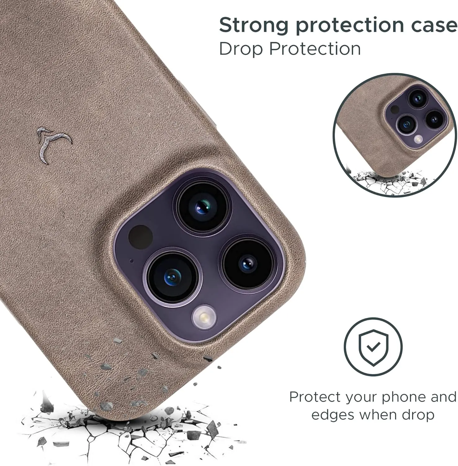 Genuine Leather Case - iPhone 14 Pro - Oil Waxed Full Grain Anti-Scratch Leather - Shockproof, Drop Proof, Slim Case (Ash)
